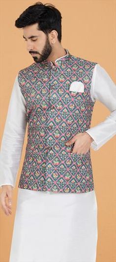 Multicolor color Nehru Jacket in Polyester Silk fabric with Printed work Fitted Multicolor Nehru Jacket For Spring, Multicolor Cotton Nehru Jacket For Winter, Winter Multicolor Cotton Nehru Jacket, Fitted Multicolor Nehru Jacket With Long Sleeves, Fitted Multicolor Long Sleeve Nehru Jacket, Nehru Jackets, Silk Fabric, Party Wear, Silk