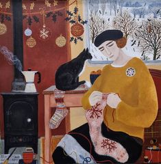 a painting of a woman knitting with a black cat sitting on the table next to her