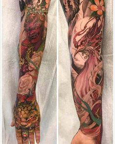 the arm is covered with tattoos and flowers