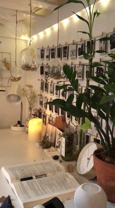 a room with plants and pictures on the wall next to a table that has an open book in front of it