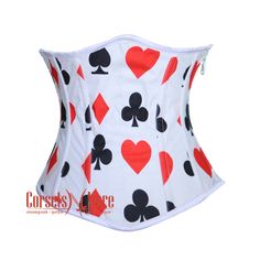 Specifications:-   Underbust pattern perfect for long, medium & short torso female.      Front length is 11 inches (28 cm). Bust to Bottom-length is 10 inches (25.4 cm). Side length is 9.2 inches (23.4 cm). Back Length is 11.4 inches (29 cm). Bone: 12 Spiral steel bones are distributed all around the corset. Bone:  4 Flat bones are located at the back of the Corset. Side opening is metal black Zipper. Lacing: It has 7-meter-long white lace which is used to tight lacing the corset. Grommets in th Black And White Corset, Printed Corset, Card Suits, Lace Tights, Corset Bustier, White Corset, Corset Lingerie, Red Shorts, Corsets