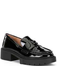 From COACH&#x2C; the Leah Patent Leather Lug Sole Block Heel Loafers feature:Patent leather upperSignature hardware strapSlip onLeather liningRubber outsoleApprox. 1'' platform heightApprox. 1.75" heel heightImported. Coach Loafers With Round Toe For Work, Coach Black Loafers With Round Toe, Coach Loafers With Flat Heel For Formal Occasions, Coach Formal Loafers With Flat Heel, Coach Formal Flat Heel Loafers, Coach Flat Loafers For Formal Occasions, Coach Formal Flat Loafers, Coach Formal Loafers With Round Toe, Formal Coach Loafers With Round Toe