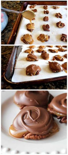 homemade turtle clusters with chocolate frosting and pecans