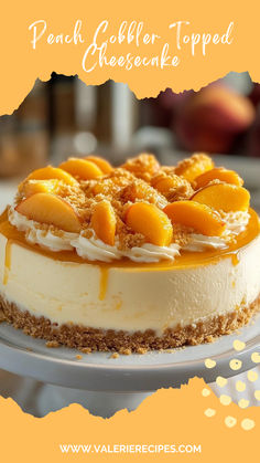 a cheesecake topped with peaches on a plate