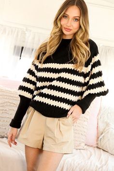 Striped Sweater Black, Stripe Knit Sweater, Striped Knit Sweater, Long Sleeve Knit Sweaters, Curvy Dress, Mock Neck Sweater, Striped Sweater, Top Model, Striped Knit