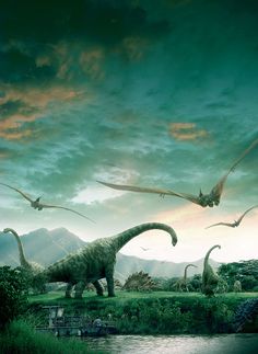 three dinosaurs walking across a field next to a body of water with birds flying over them