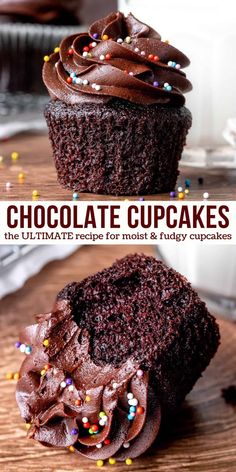 chocolate cupcakes with chocolate frosting and sprinkles on the top