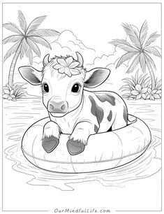 a cow sitting on top of a raft in the water with palm trees behind it