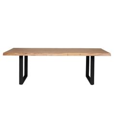 a wooden table with black metal legs