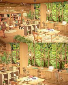 the interior of a house with plants and bookshelves on the walls, in which there are several tables and chairs