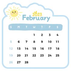 a calendar for the month of feb on a white background with blue trimmings