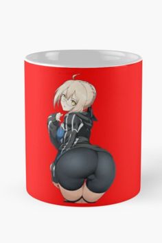 a red coffee mug with an anime character on it