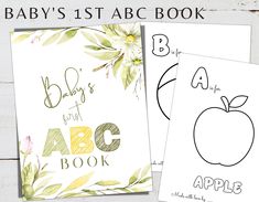 two baby's first abc book coloring pages with an apple on the front and bottom