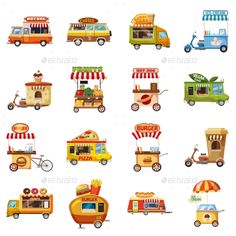 various types of food trucks and carts for sale on the street, isolated from white background