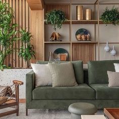 a living room filled with furniture and lots of plants on the wall above it's shelves