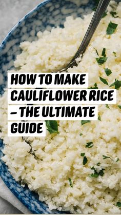 a blue and white bowl filled with rice and garnished with fresh parsley