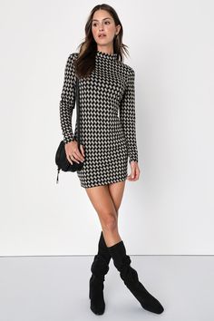 You're sure to influence everyone with your eye-catching aesthetic in the Lulus Cool Girl Status Black Print Mock Neck Long Sleeve Mini Dress! Soft and stretchy jersey knit, with a beige and black geometric print throughout, shapes this trendy dress that features a chic mock neckline framed by long fitted sleeves. Figure-hugging silhouette continues to a mini hem. Pair with your favorite knee-high boots for a casually-elevated look! Fit: This garment fits true to size. Length: Mid-thigh. Size medium measures 35.75" from shoulder to hem. Bust: Great for any cup size. Waist: Fitted - stretchy fabric allows custom fit. Hip: Fitted - stretchy fabric allows room for hips. Undergarments: May be worn with any standard bra. Fabric: Fabric has some stretch. Unlined. Shell: 50% Cotton, 44% Polyester Mock Neck Dress Long Sleeve, Geo Print Dress, Perfect Winter Outfit, Girls Status, Mock Neck Mini Dress, Lulu Fashion, Mock Neck Dress, Mock Neck Long Sleeve, Night Out Dress