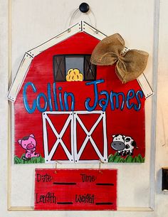 a red barn with a sign that says collin james and time for farm animals on it