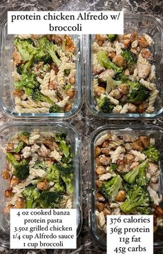 four glass containers filled with chicken and broccoli salads on top of a granite counter