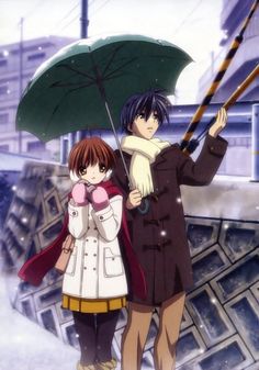 two anime characters standing under an umbrella in the snow with their arms around each other