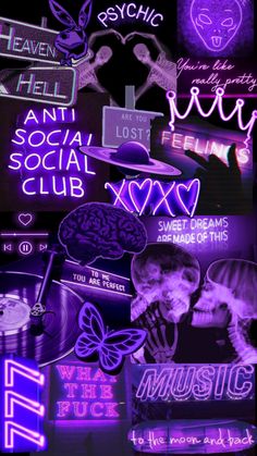 various neon signs and stickers are shown in this graphic art work, including the word love