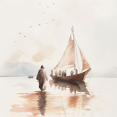 a watercolor painting of a man walking on the beach next to a sailboat