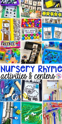 a collage of different pictures with the words nursery rhyme activities and centers