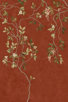 a tree with green leaves and white flowers on a red wallpapered room background