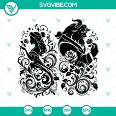 the silhouettes of two mermaids in black and white, with swirly designs