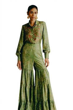 Green shirt featuring kalamkari print all over with collared neck and cuff sleeves. Paired with a tiered sharara. - Aza Fashions Sharara For Women, Kalamkari Print, Dupion Silk, Green Shirt, Indian Food, Cuff Sleeves, Aza Fashion, Fashion Set, Full Sleeve