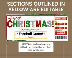 a christmas ticket with the words merry football game and an image of a ball on it