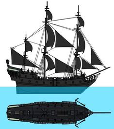 a black and white ship floating on top of the ocean next to a smaller boat