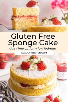 gluten free sponge cake with strawberries on top and the words gluten free sponge cake above it