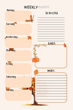 the weekly planner with autumn leaves and pumpkins on it, is shown in orange