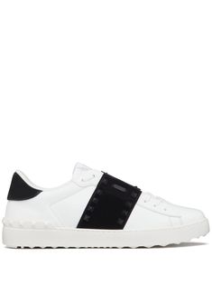 white/black calf-length signature Rockstud detailing logo patch at the tongue front lace-up fastening round toe flat rubber sole Casual Leather Sneakers With Studs, Low-top Leather Sneakers With Studs, Sneakers With Studded Rubber Outsoles And White Sole, Low-top Calf Leather Sneakers With Studded Outsoles, Luxury Studded Lace-up Sneakers, Luxury White Studded Sneakers, Designer Studded Low-top Sneakers, Leather Sneakers With Studded Rubber Outsoles, Casual Low-top Sneakers With Studs