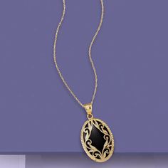 Established in 1952, Ross-Simons brings jewelry classics into the modern era. A gleaming 22x15mm oval black onyx cabochon looks beautifully bold against the sunny glow of diamond-cut and polished 14kt yellow gold scrolling overlays. Suspends from a 14kt yellow gold rope chain necklace that finishes with a springring clasp. Includes 2' extender. 14kt yellow gold and black onyx pendant necklace. Necklace drop length - 1 1/8 inches long. Necklace drop width - 5/8 inch wide. Each Ross-Simons item ar Gold Pendant Necklace Jewellery, Black Onyx Hoop Earrings, Black Onyx Pendant, Bezel Necklace, Onyx Pendant, Diamond Birthstone, Gold Rope Chains, Rope Chain Necklace, Boot Jewelry