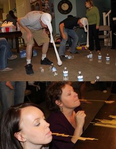 two pictures with people doing different things in the same room, and one has chopsticks