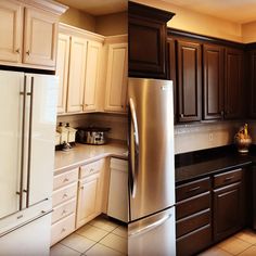 a kitchen with brown cabinets and white appliances