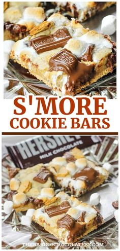 s'more cookie bars with marshmallows and chocolate on top are shown