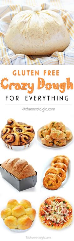 several different types of breads and pastries are shown with the words crazy dough for everything