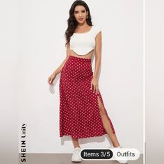 Perfect Condition No Tags Don't Believe True Go Size Waist Is 13 Inches (Small) Tomato Red (True Red) Small Polka Dot Daring Side Slit Midi Skirt Split Side Skirt, Polka Dot Midi Skirt, Polka Dot Skirt, Dot Skirt, True Red, Red Fashion, White Style, High Waisted Skirt, Midi Skirt