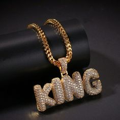 3 CT Diamond Bubble Initial Letters King Pendant Charm 1.1" 14K Yellow Gold Over #AnimasJewels #Pendant Luxury Custom Name Pendant Necklace, Custom Gold Iced Out Jewelry, Hip Hop Jewelry Chains, Iced Out Pendant Necklace For Streetwear, Custom Iced Out Pendants, Rapper Jewelry, Jewelry King, Mens Necklace Pendant, Bling Ideas