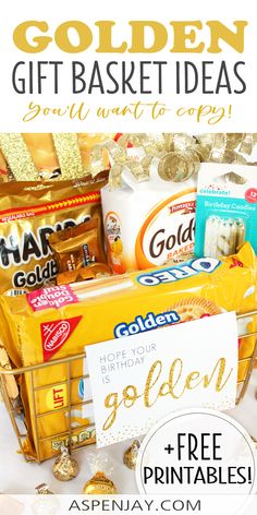 the golden gift basket is filled with gold foil, candy and other items to give