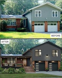 before and after photos of a house with garage doors painted dark gray, then the front door is white