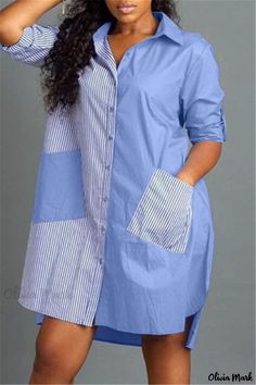 Olivia Mark - Classic Blue Patchwork Turndown Collar Shirt Dress for Women, Featuring Convenient Pockets Loose Shirt Dress, Collar Shirt Dress, Shirt Collar Styles, Button Shirt Dress, White Fashion Casual, Vogue Dress, Collared Shirt Dress, Dress Sleeve Styles, Shirt Dress Style