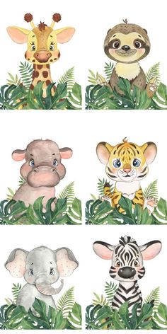 four different pictures of animals in the jungle