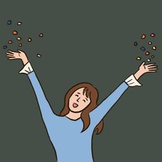 a woman with her arms in the air and throwing confetti into the air