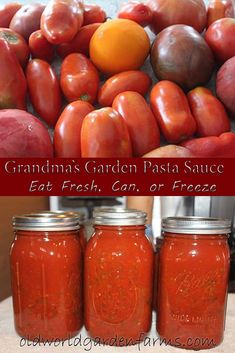 tomatoes and peaches are in jars on a table