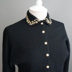 This Is A Darling Vintage 1950's 'Loftie' Sweater. It's Made From Black Wool Chenille, And Features An Embellished Rounded Collar With Rhinestones, Pearls & Gold Embroidery. It's Been Fully Restored And All 9 Buttons Have Been Replaced With 24k Gold Plated Crystal Ones. This Garment Is Absolutely Beautiful And Has So Much Charm. Size - Unmarked Fits Like A M/L Color - Black Material - 100% Wool Chenille Measurements- Taken Of Garment Laying On A Flat Surface -Pit-Pit: 22.5" Inches -Length: 21” Inches (Taken Down The Center) - Open To Reasonable Offers - Black Collared Sweater With Buttons, Formal Black Cardigan With Buttons, Formal Black Buttoned Cardigan, Black Formal Sweater With Button Closure, Formal Black Sweater With Button Closure, Black Button-up Cardigan For Formal Occasions, Formal Black Button-up Cardigan, Cardigan Vintage, Crystal Buttons