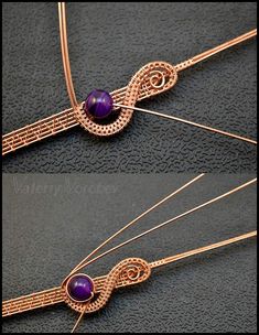 two pictures showing how to make a wire wrapped necklace with purple glass cabochons